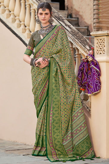 Olive Green Silk Printed Saree for Party