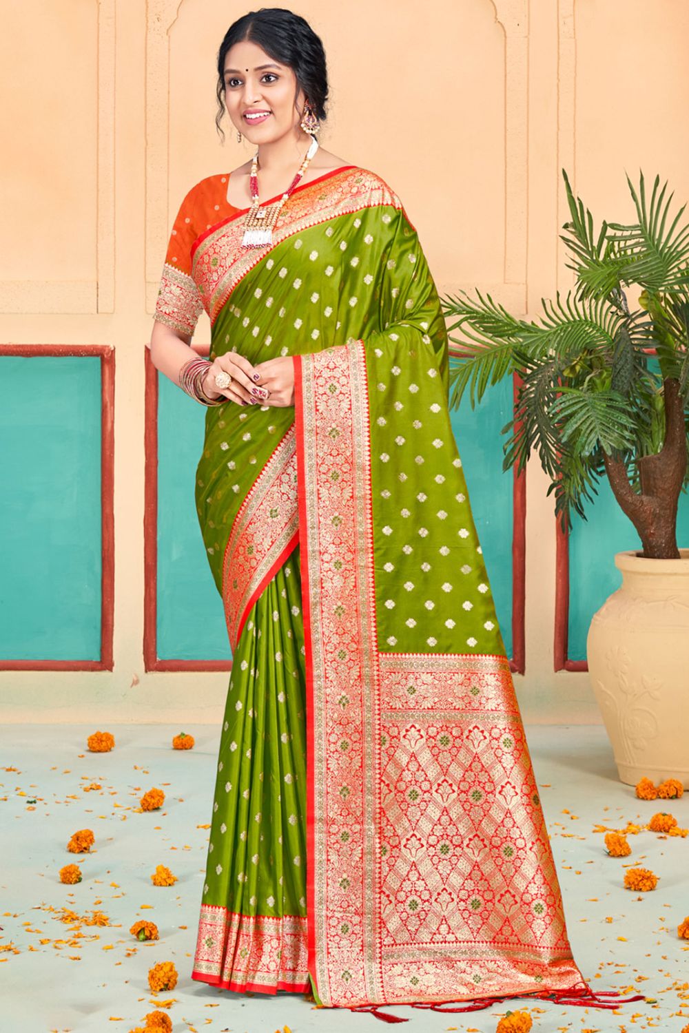 Olive Green Silk Woven Work Saree