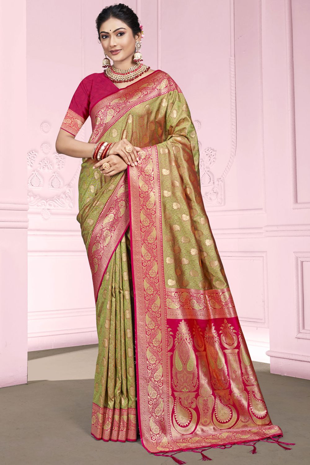 Olive Green Silk Woven Work Saree