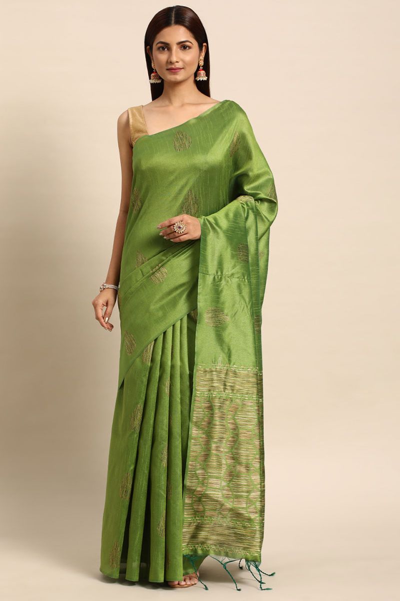 Olive Green Handloom Weaving Raw Silk Saree