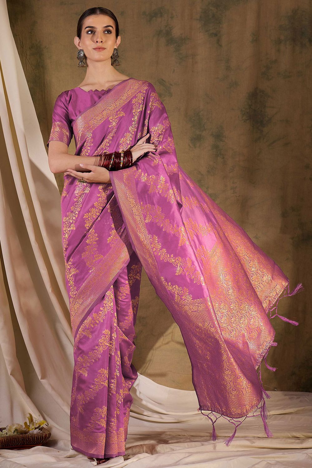 Onion Pink Banarasi Silk Woven Saree for Festival