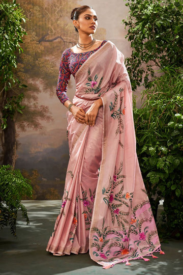 Onion Pink Kalamkari Printed Linen Tissue Saree