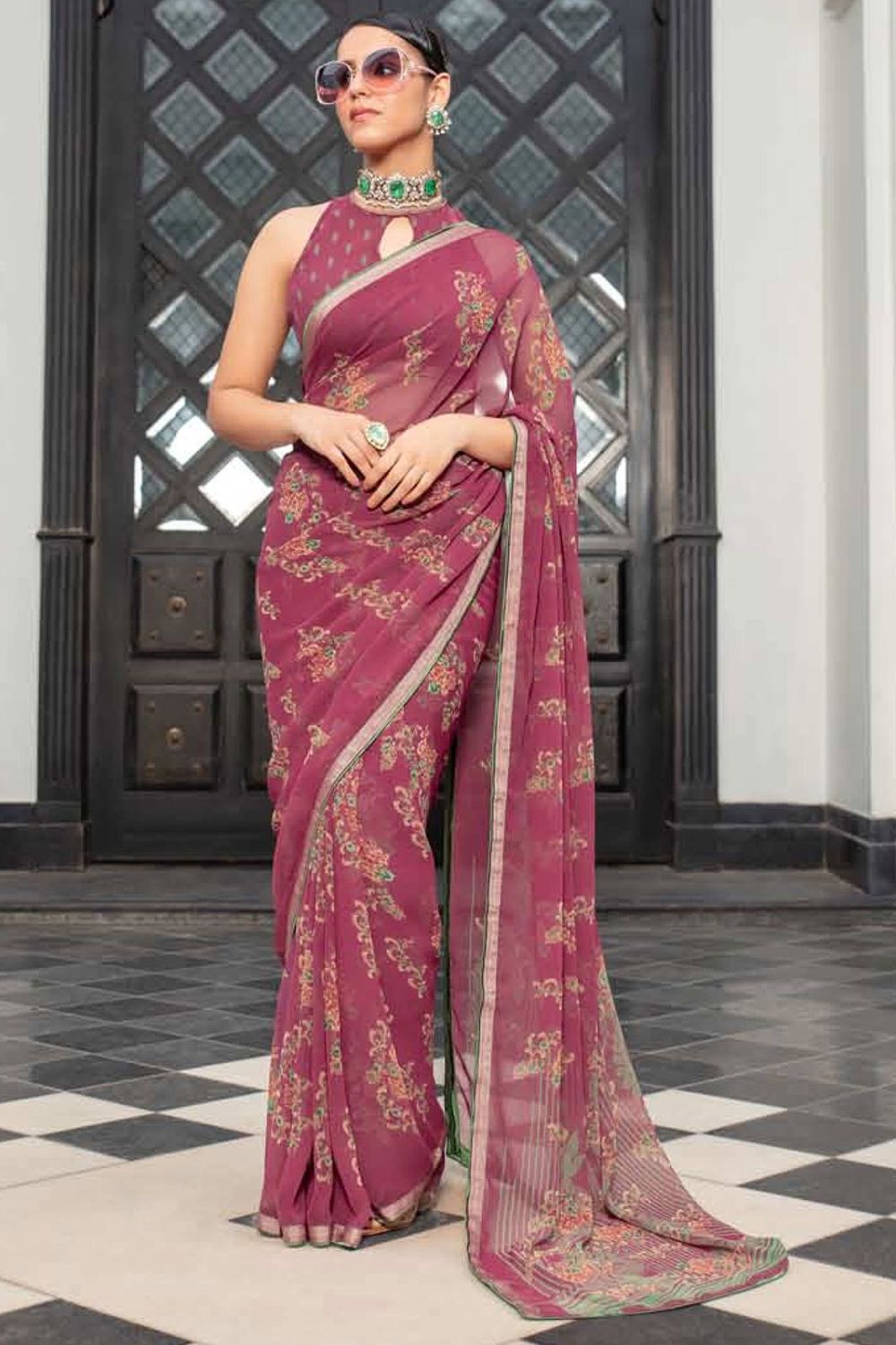 Onion Pink Printed Georgette Casual Wear Saree