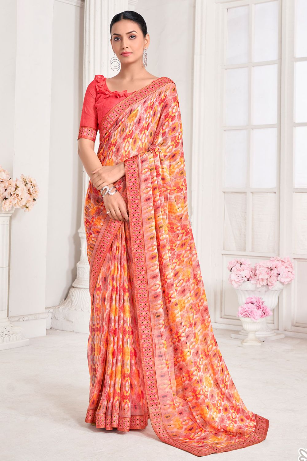 Orange Chiffon Printed Party Wear Saree