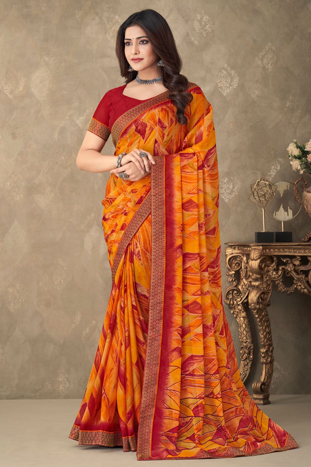 Orange Chiffon Printed Casual Wear Saree