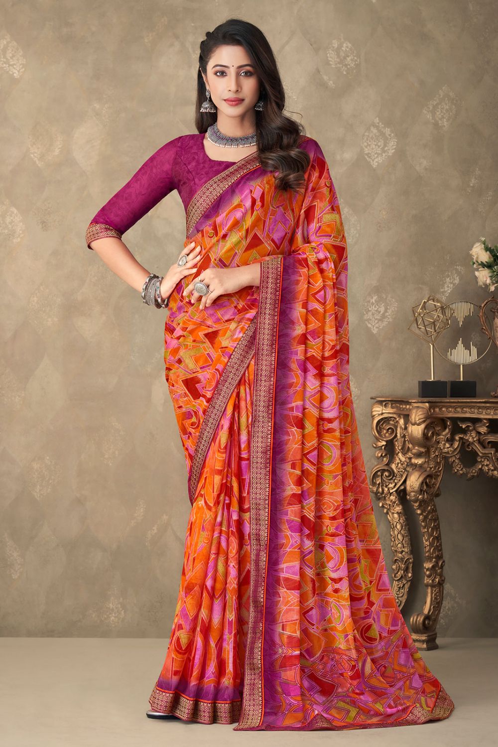 Orange Chiffon Printed Casual Wear Saree