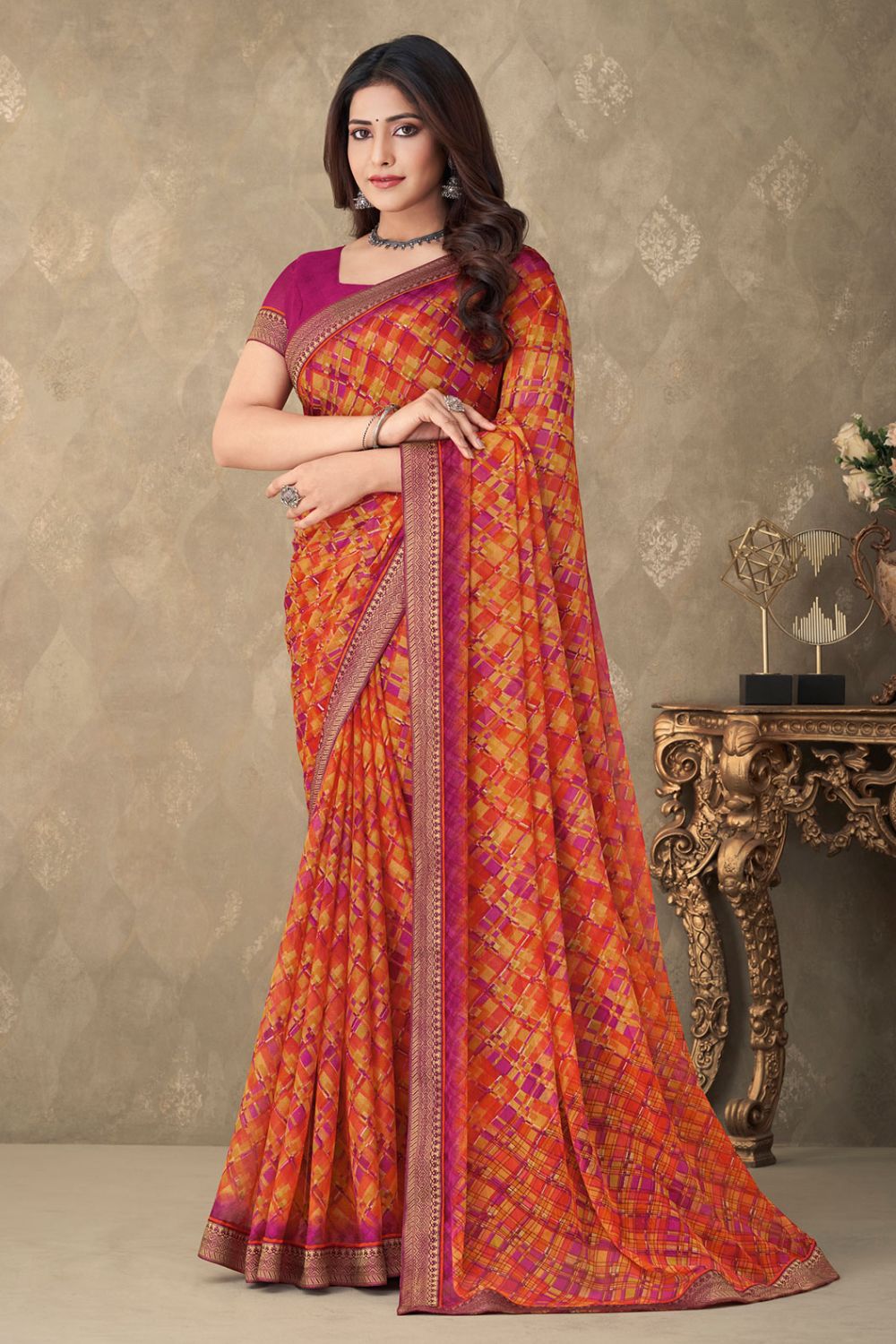 Orange Chiffon Printed Casual Wear Saree