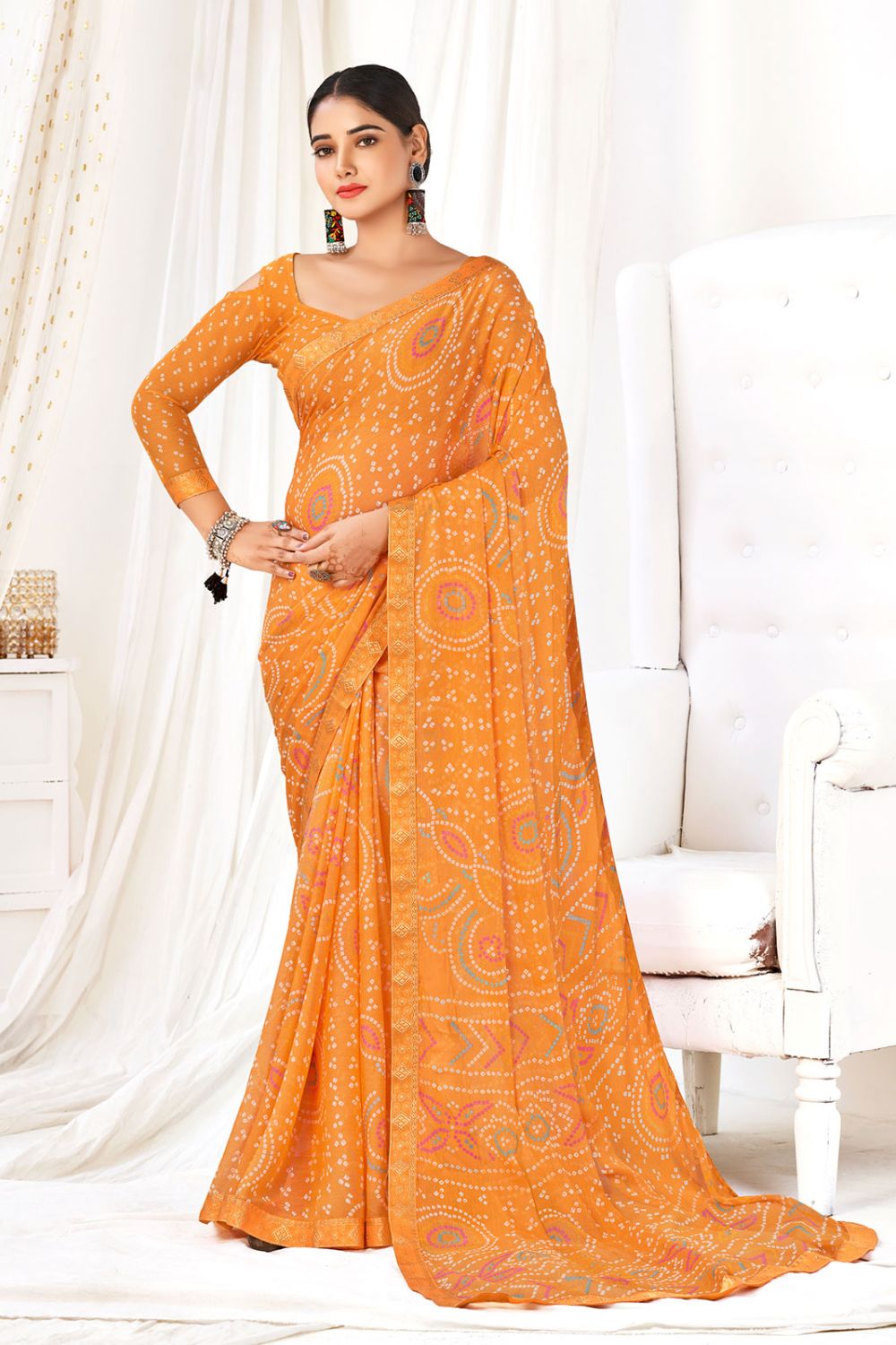 Orange Chiffon Printed Casual Wear Saree