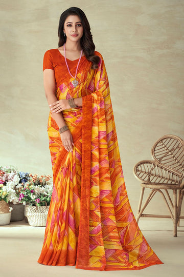 Orange Chiffon Printed Casual Wear Saree