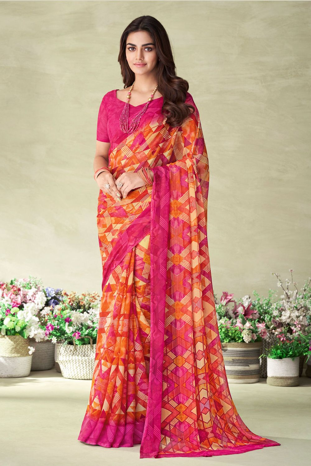 Orange Chiffon Printed Casual Wear Saree