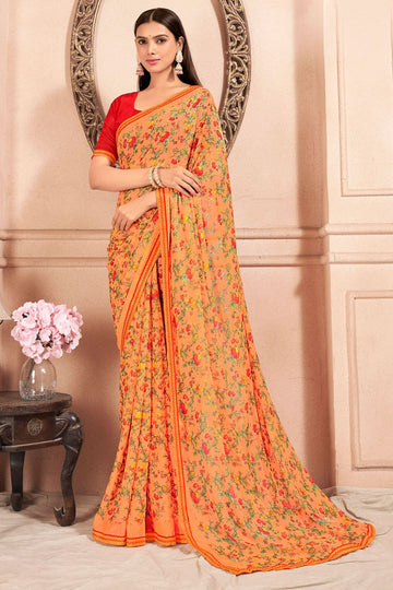 Orange Chiffon Printed Casual Wear Saree