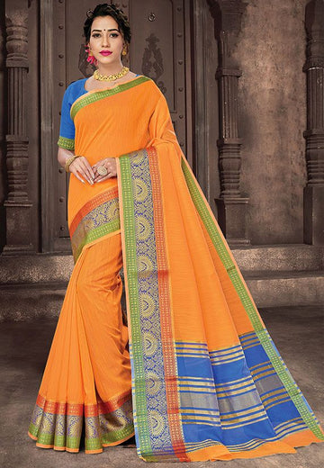 Orange Cotton Handloom Saree for Festival