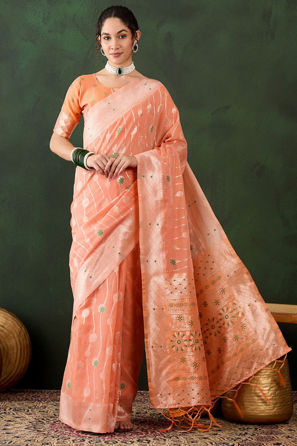 Orange Cotton Woven Party Wear Saree