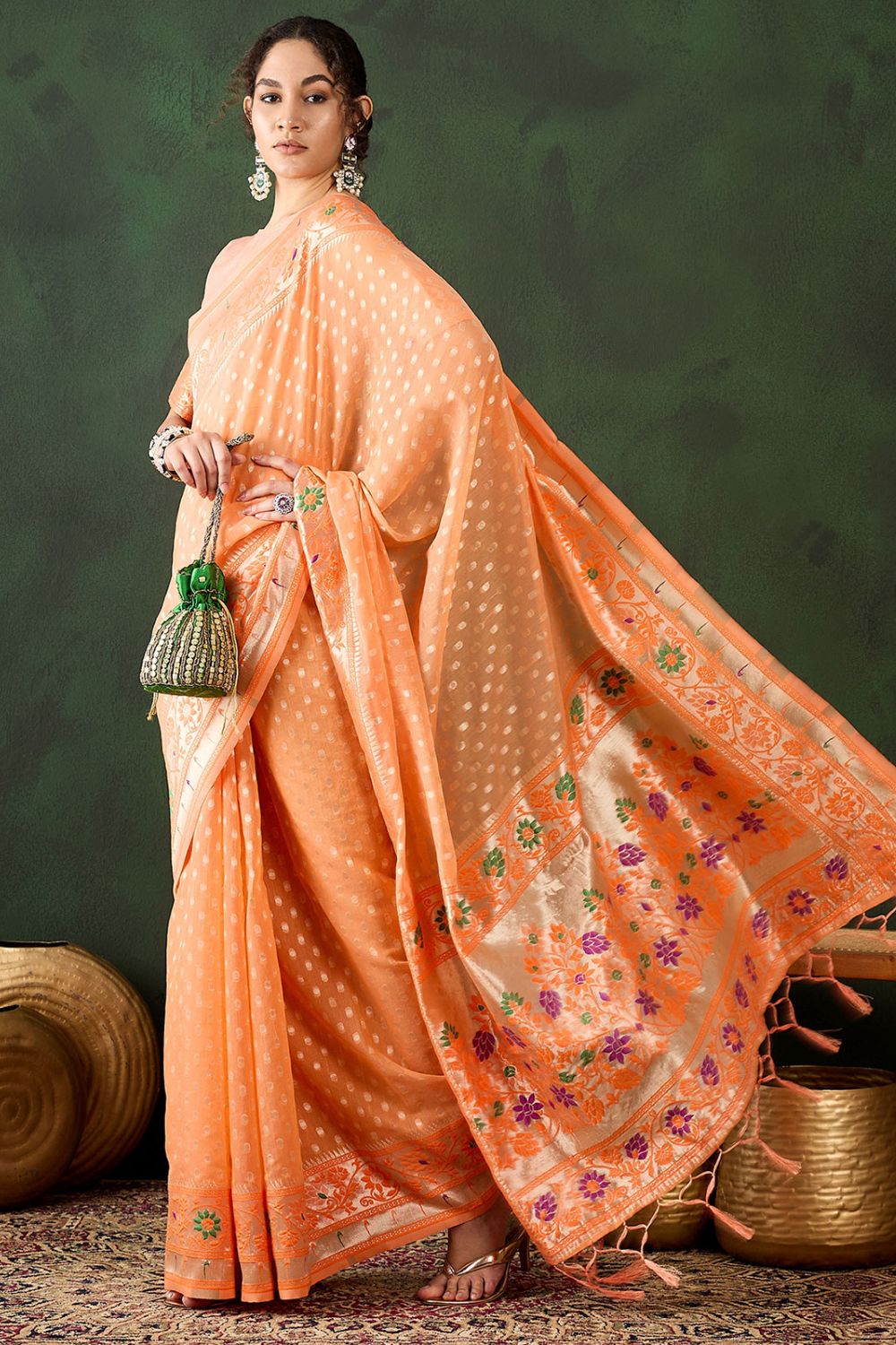 Orange Cotton Woven Party Wear Saree