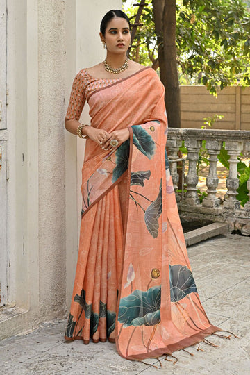 Orange Cotton Silk Floral Printed Saree for Festival