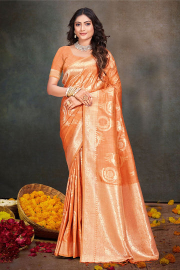 Orange Zari Weaving Work Cotton Silk Saree