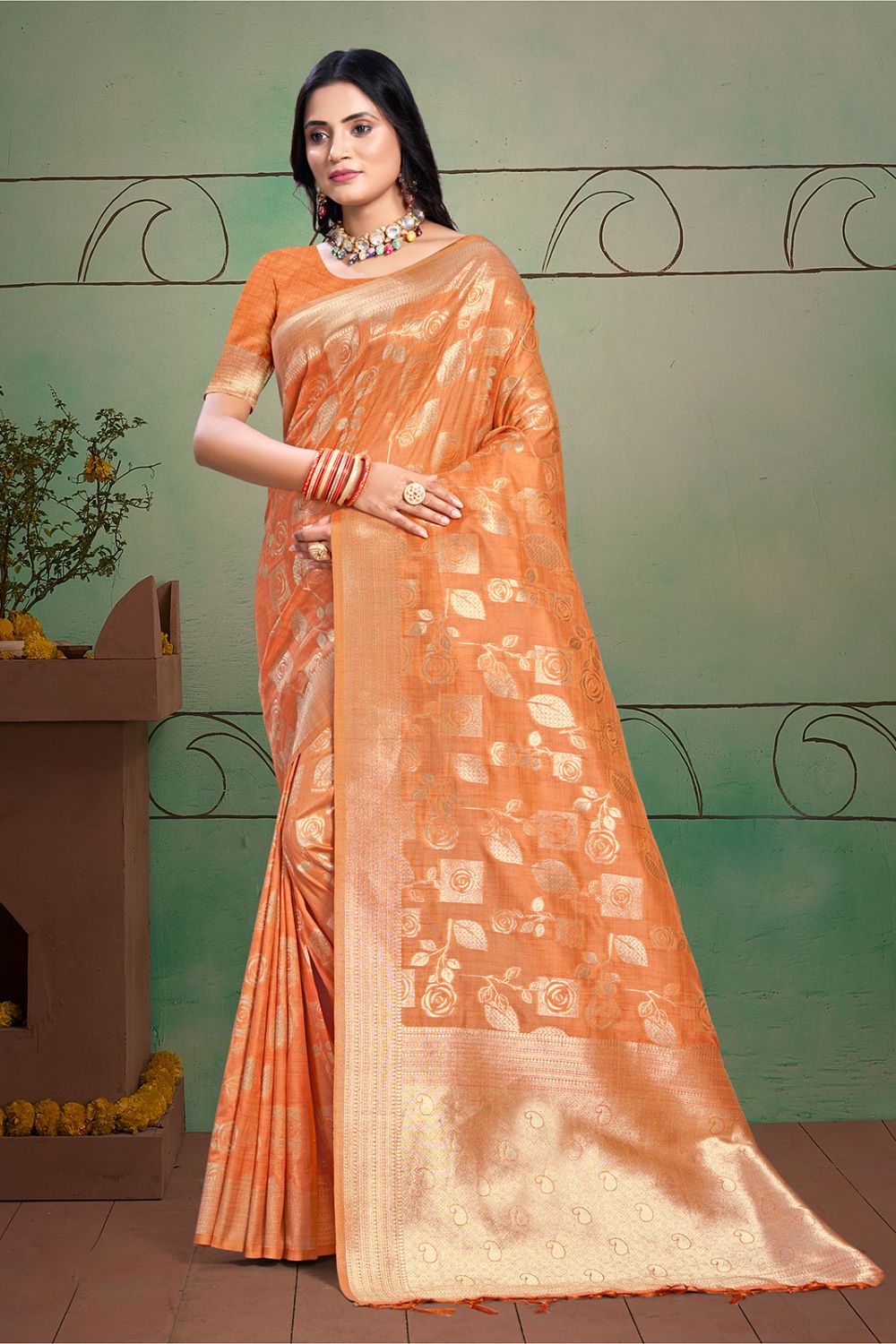 Orange Cotton Silk Zari Woven Saree