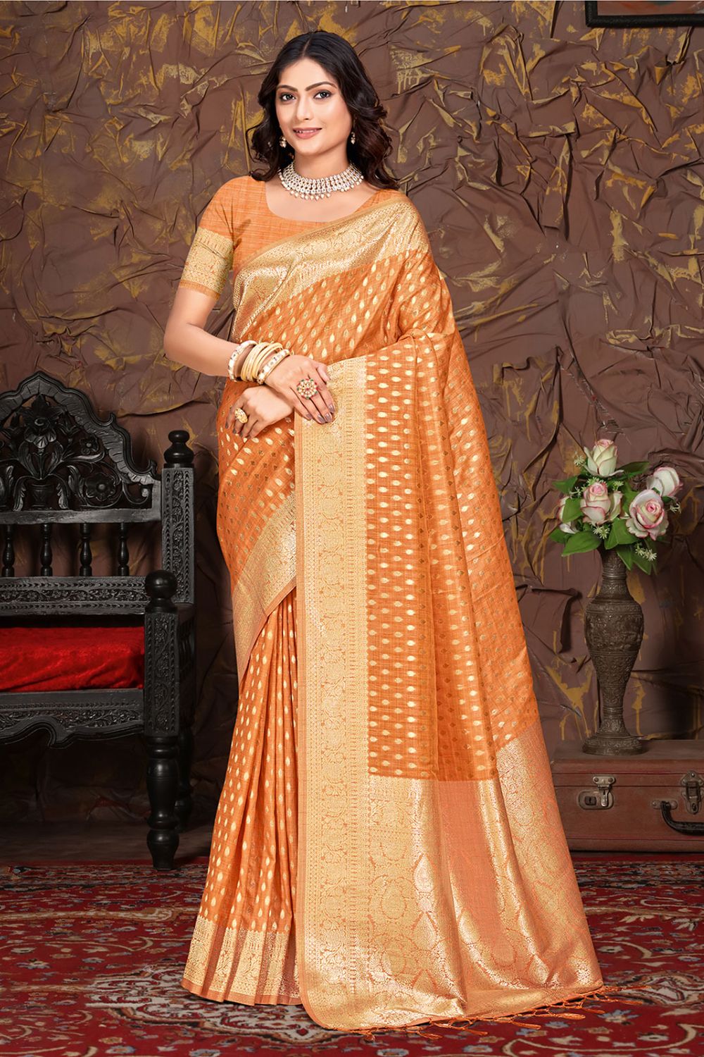 Orange Cotton Silk Zari Woven Saree