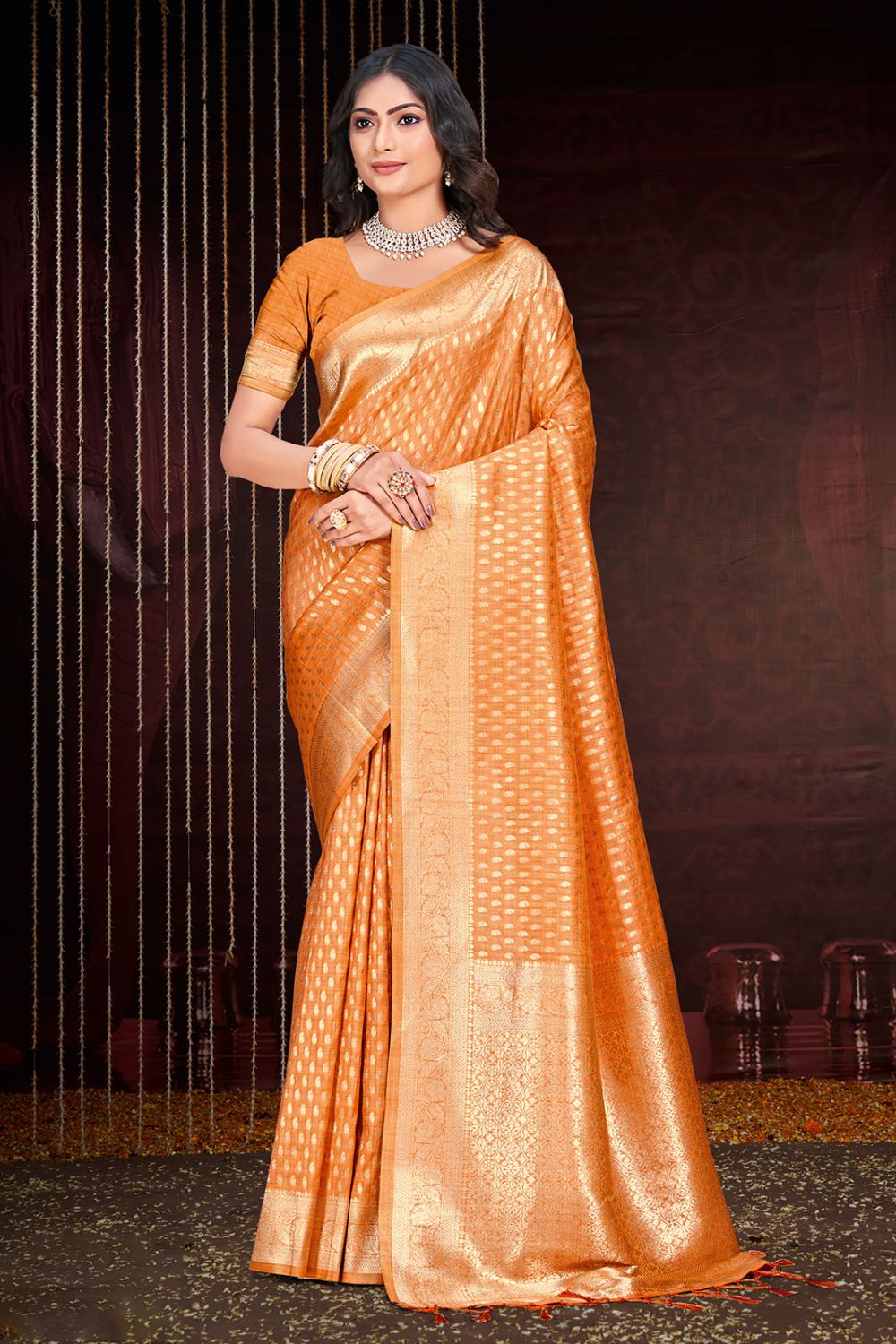 Orange Cotton Silk Zari Woven Saree