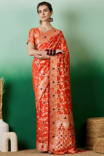 Orange Dola Jacquard Zari Woven Saree for Party