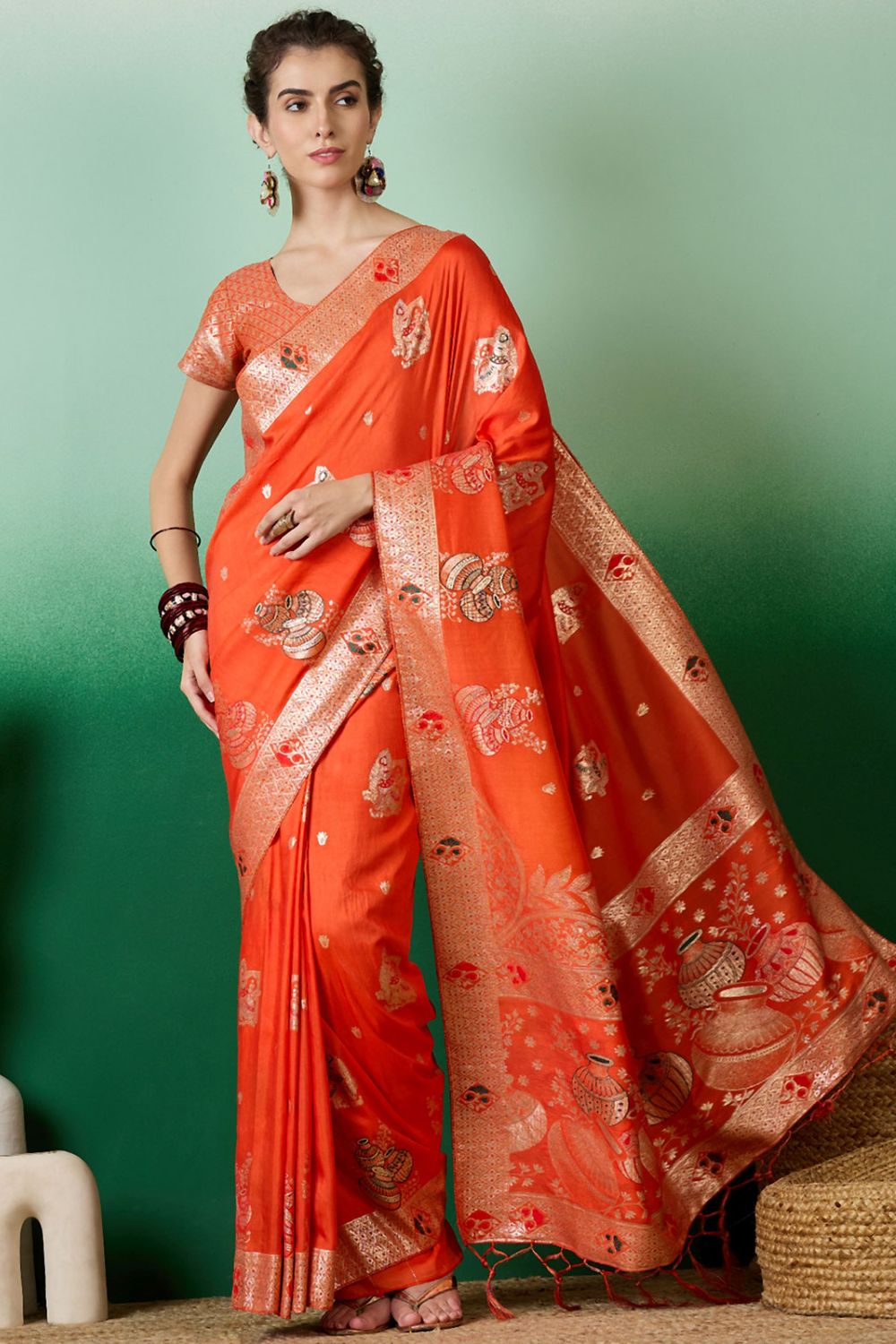 Orange Dola Jacquard Zari Woven Saree for Party