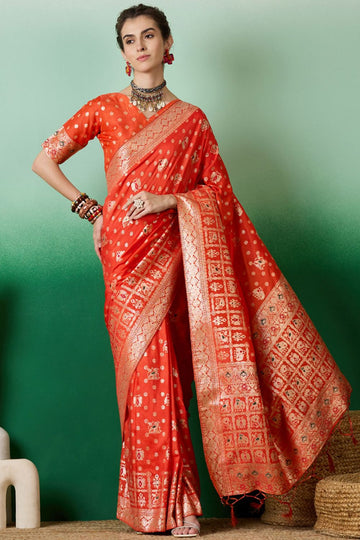 Orange Dola Jacquard Zari Woven Saree for Party