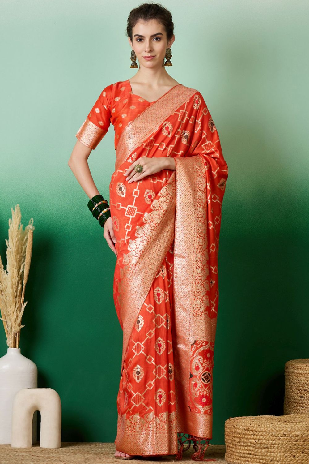 Orange Dola Jacquard Zari Woven Saree for Party