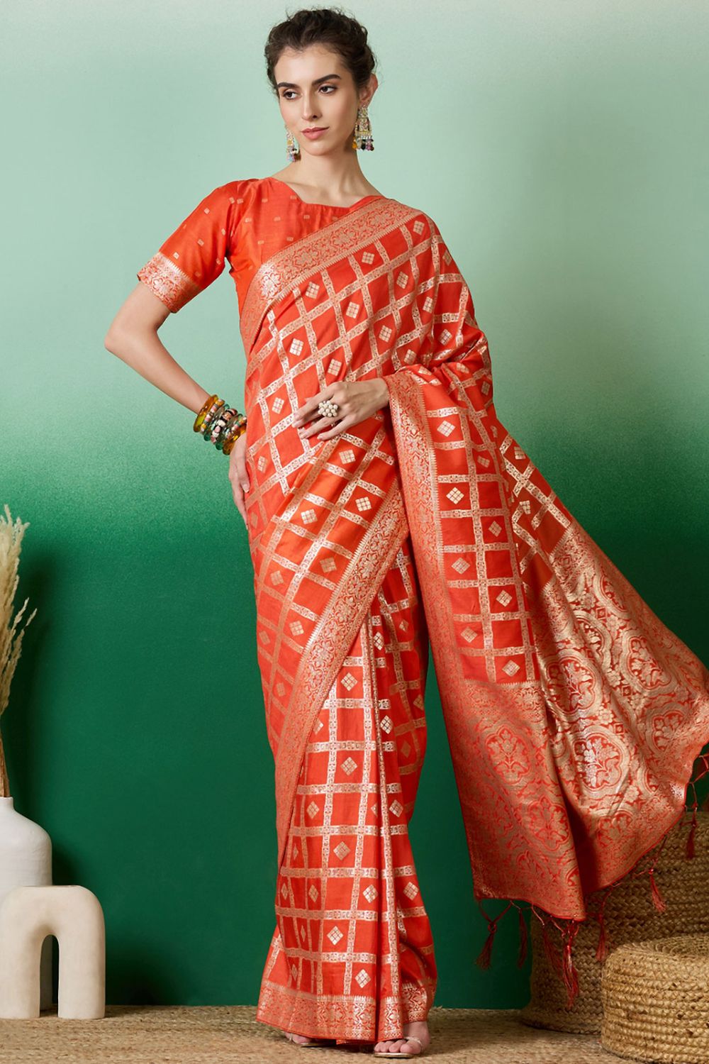 Orange Dola Jacquard Zari Woven Saree for Party