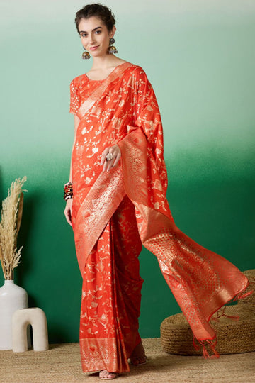 Orange Dola Jacquard Zari Woven Saree for Party