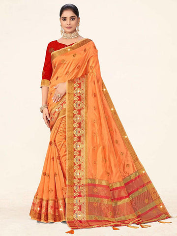 Orange Organza Zari Weaving Work Saree