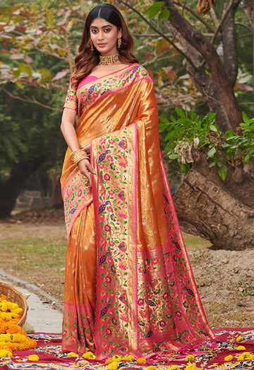 Orange Paithani Silk Zari Weaving Work Saree