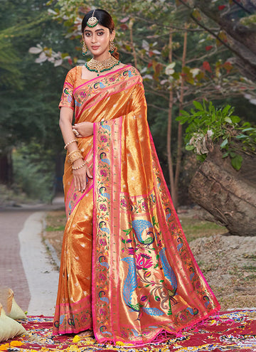 Orange Paithani Silk Zari Weaving Work Saree