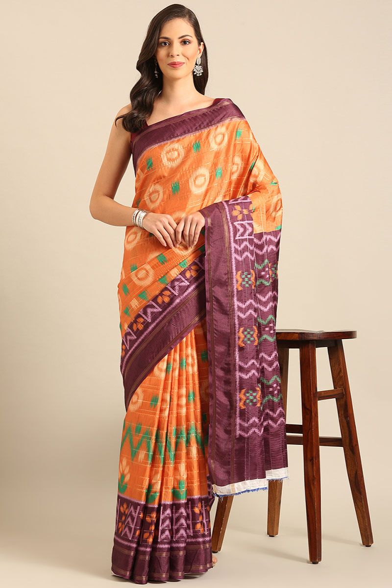 Orange Patola Print Cotton Saree