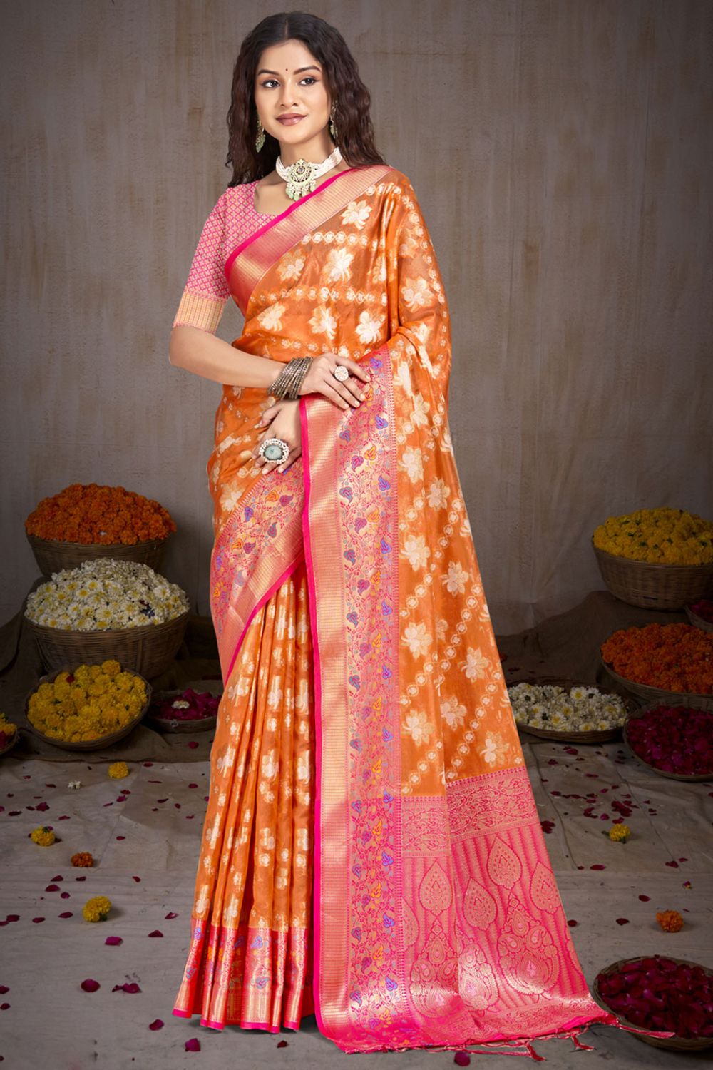 Orange Silk Woven Work Saree