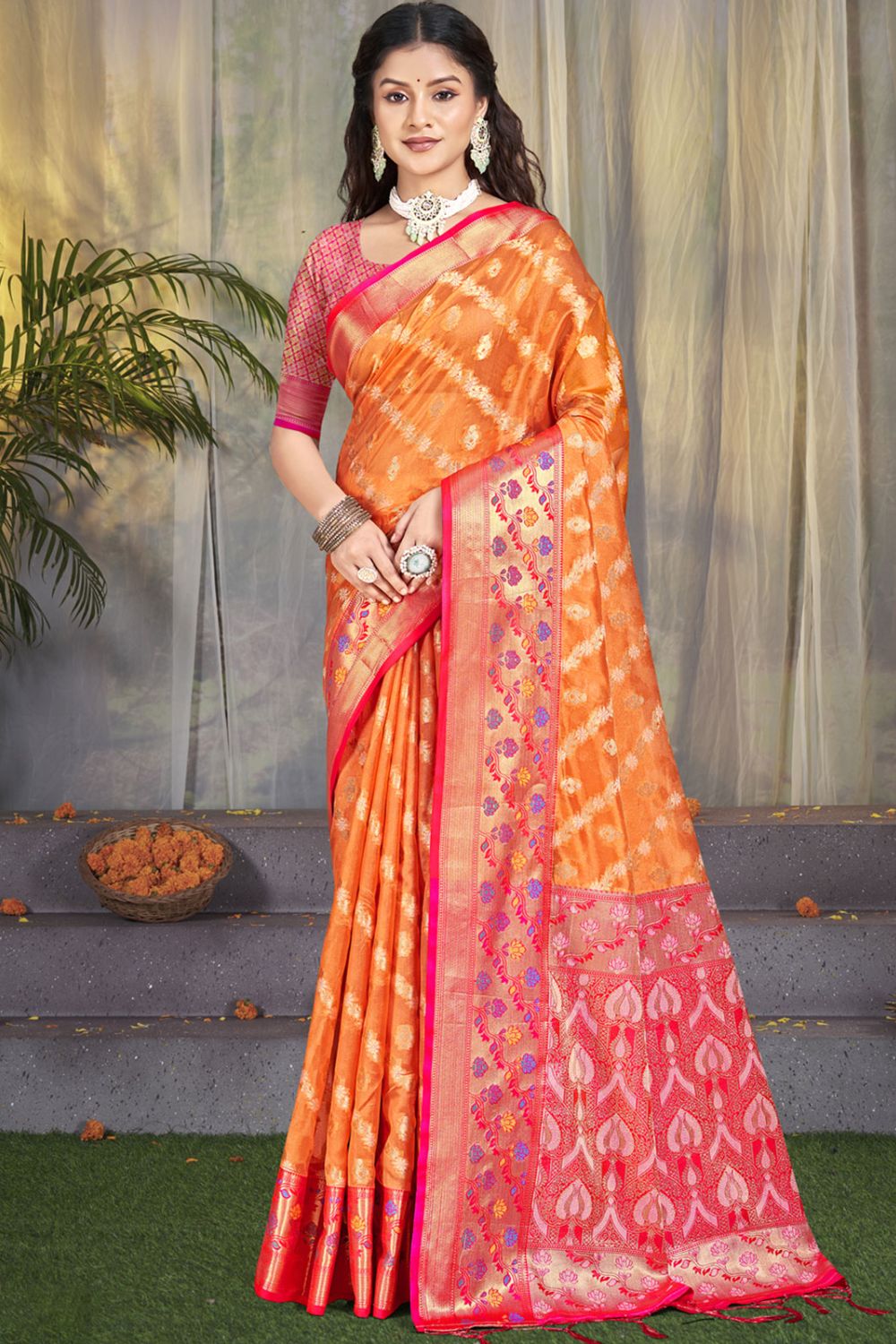 Orange Silk Woven Work Saree