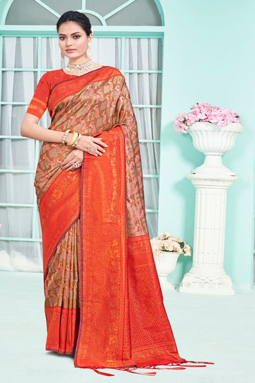 Orange Zari Weaving Work Silk Saree