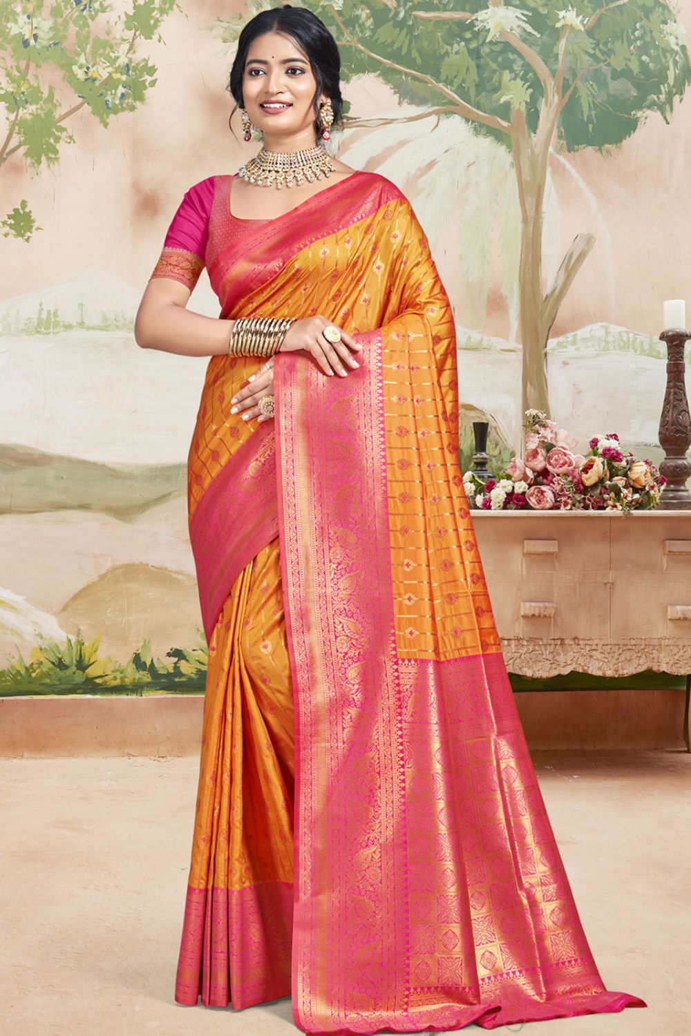 Orange Silk Zari Woven Saree