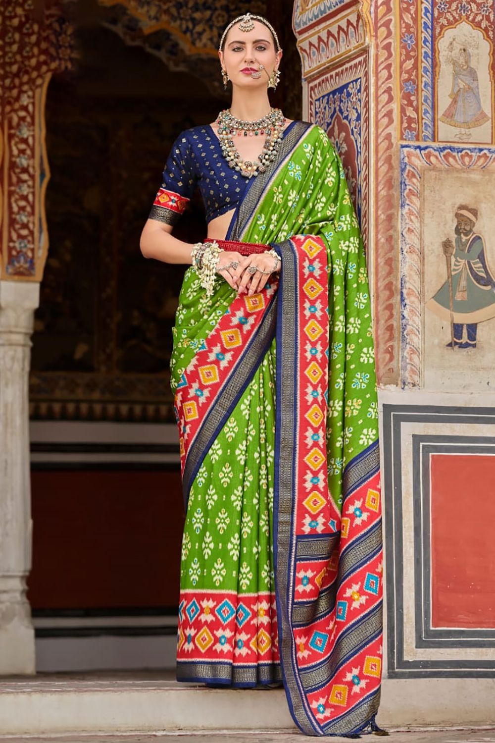 Parrot Green Printed Art Silk Saree