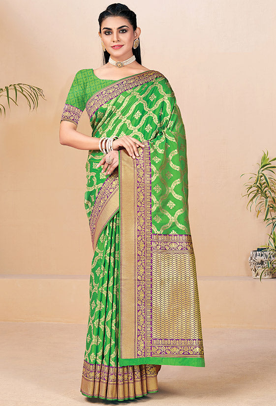 Parrot Green Banarasi Silk Woven Saree