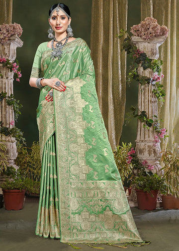 Parrot Green Banarasi Silk Woven Saree for Festival