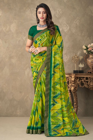 Parrot Green Chiffon Printed Casual Wear Saree