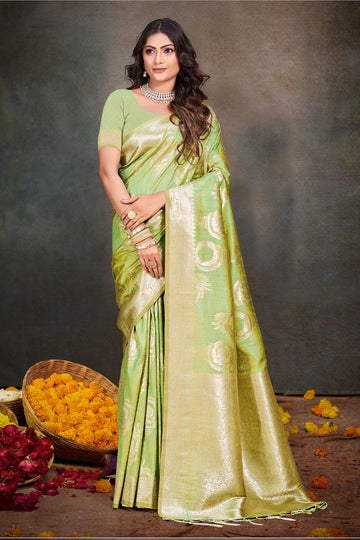 Parrot Green Zari Weaving Work Cotton Silk Saree