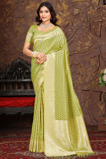 Parrot Green Zari Weaving Work Cotton Silk Saree