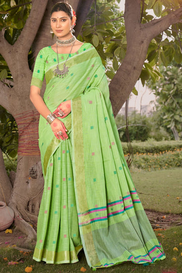 Parrot Green Weaving Work Cotton Saree