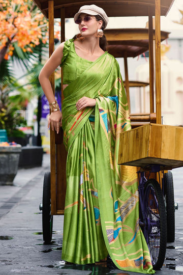 Parrot Green Abstract Print Satin Crepe Saree