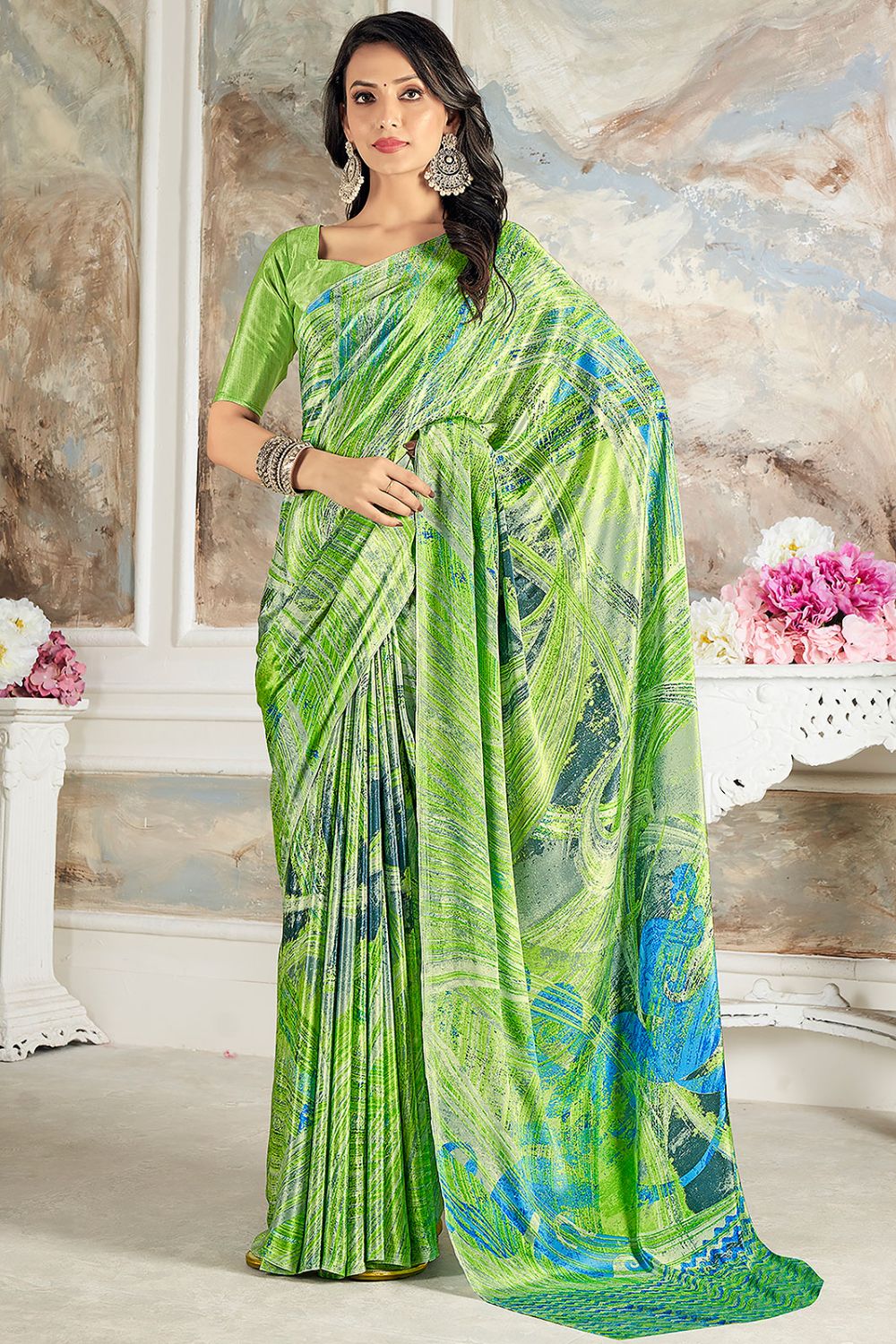 Parrot Green Digital Print Silk Crepe Saree for Party