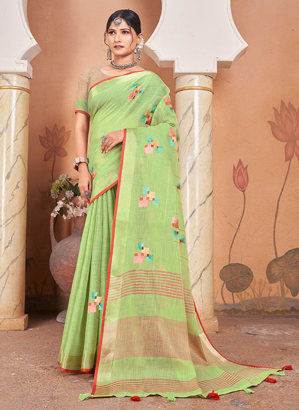 Parrot Green Linen Weaving Work Saree