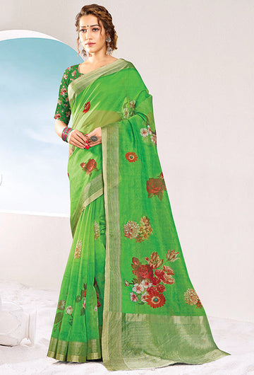 Parrot Green Organza Silk Printed Saree