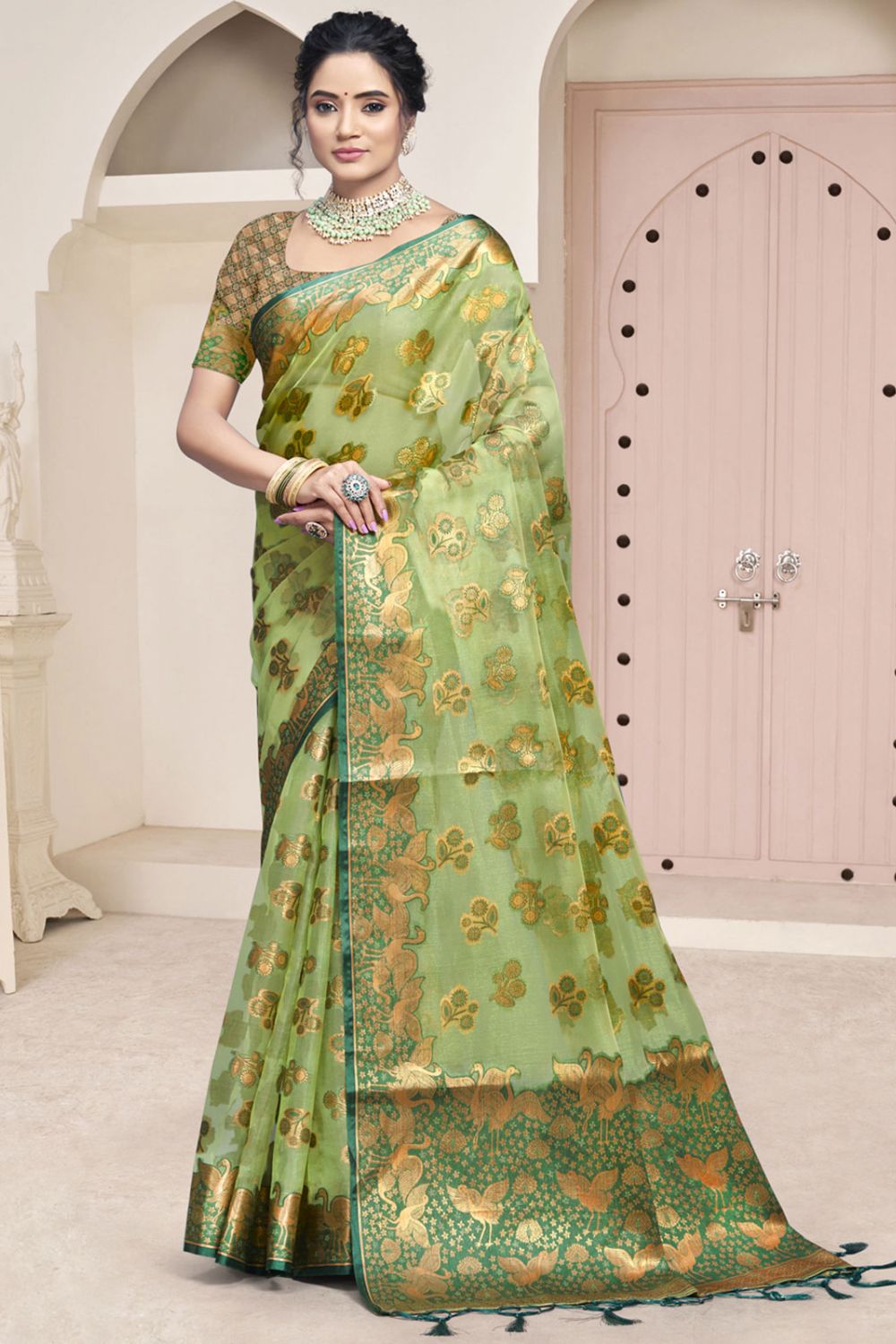 Parrot Green Organza Woven Saree