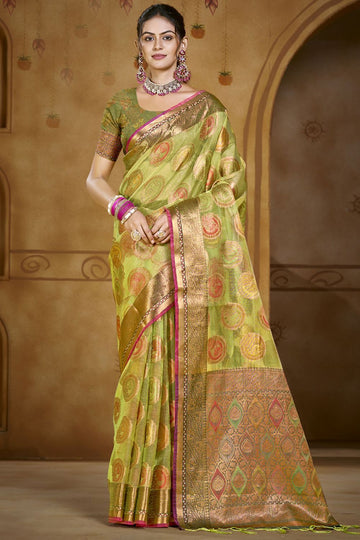 Parrot Green Jacquard Work Organza Saree